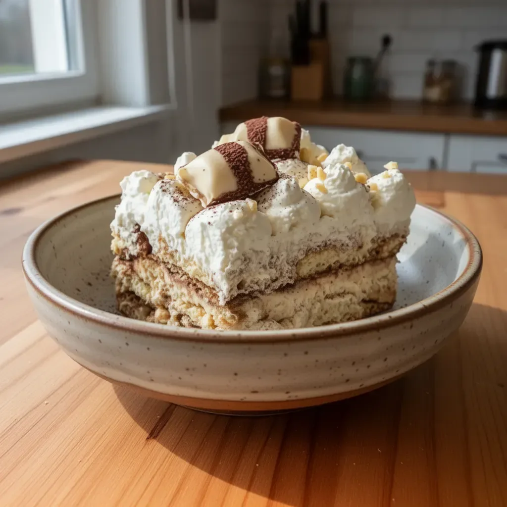Delizioso Tiramisu Kinder Bueno Bianco decorato con cacao e cioccolato.