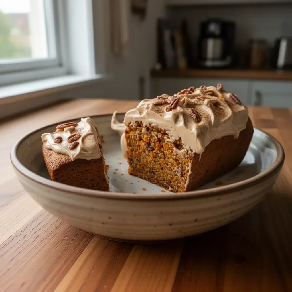 Torta di Carote con Glassatura Chai Latte su un piatto bianco