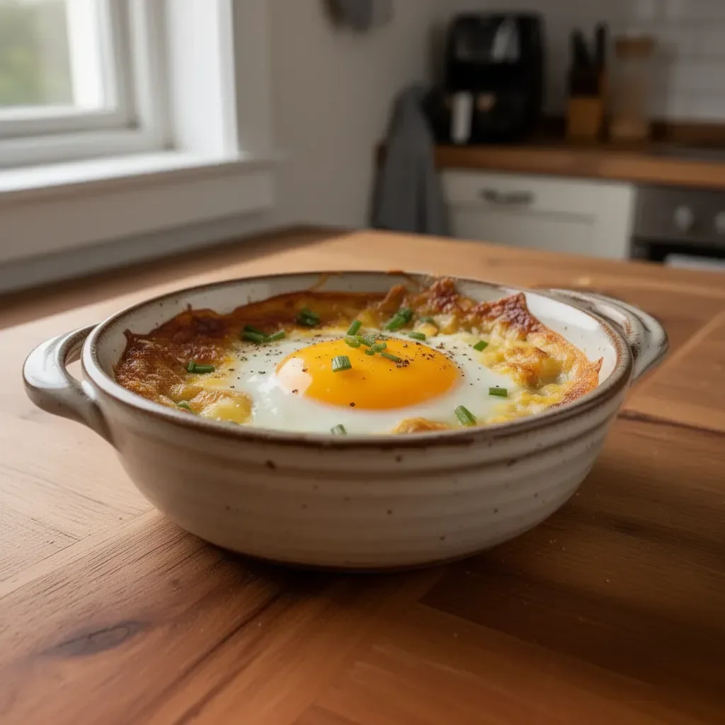 Uova cocotte preparate nell'Airfryer, un piatto gustoso e originale.