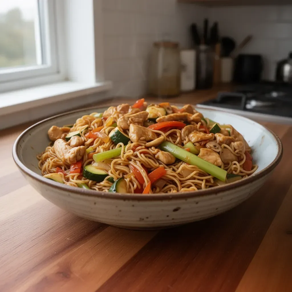 Wok di pollo con noodles e verdure in una ciotola colorata.