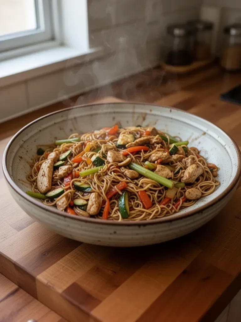 Wok di pollo con noodles e verdure