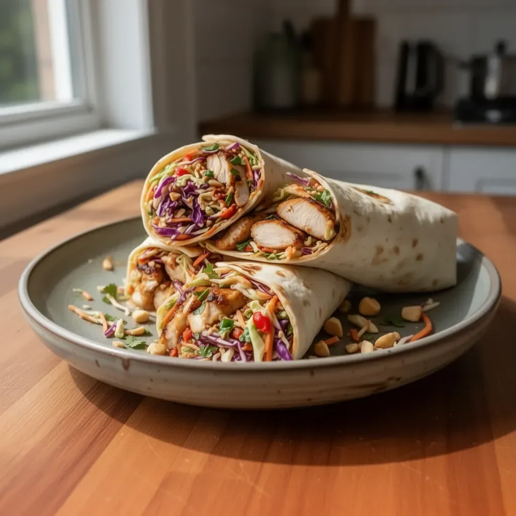 Wrap di pollo tailandese accompagnato da insalata di cavolo croccante asiatica