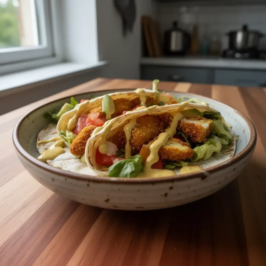 Wraps di pollo croccante con maionese al curry, piatto appetitoso e sfizioso.