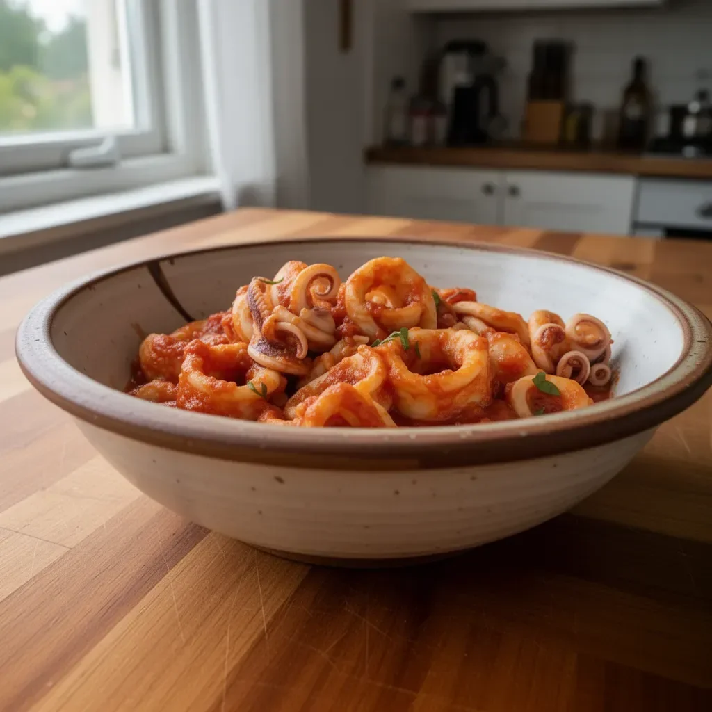 Calamari alla Basca ben presentati con contorni freschi.
