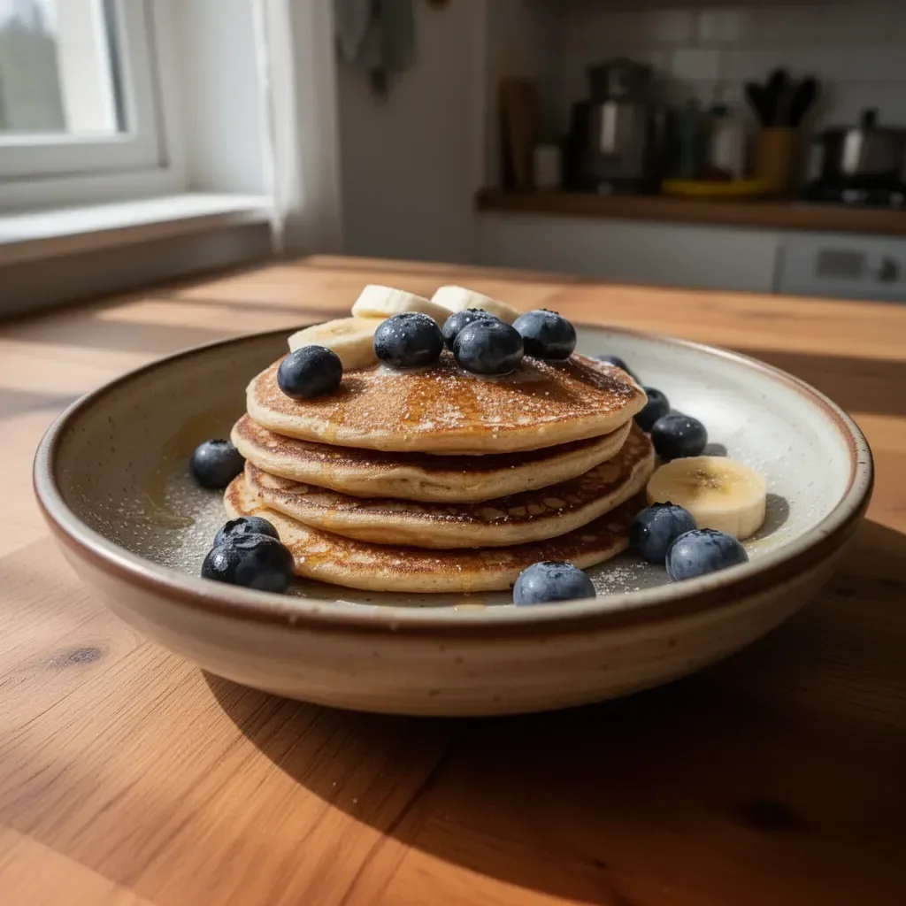 Crêpes alla banana servite con sciroppo e frutta fresca
