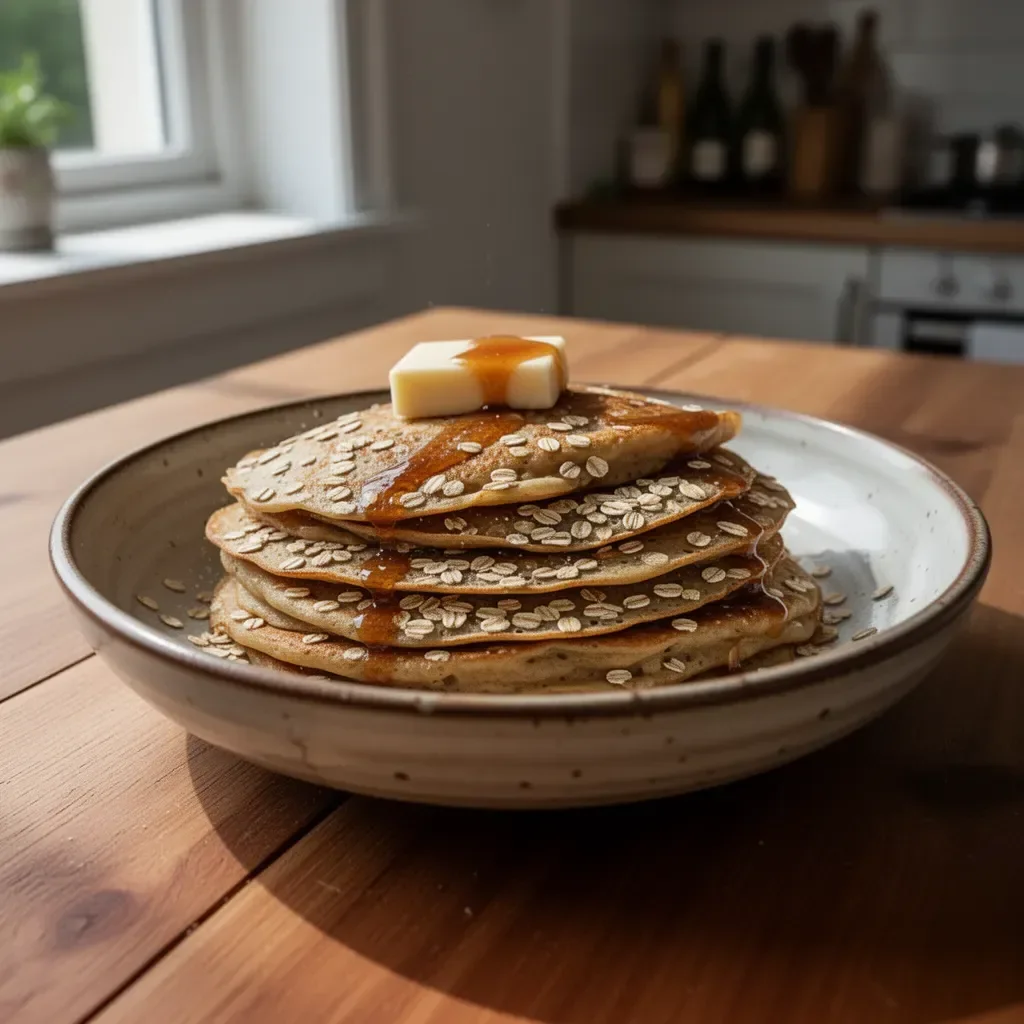 Crepes alla farina d'avena servite con frutta fresca e sciroppo d'acero
