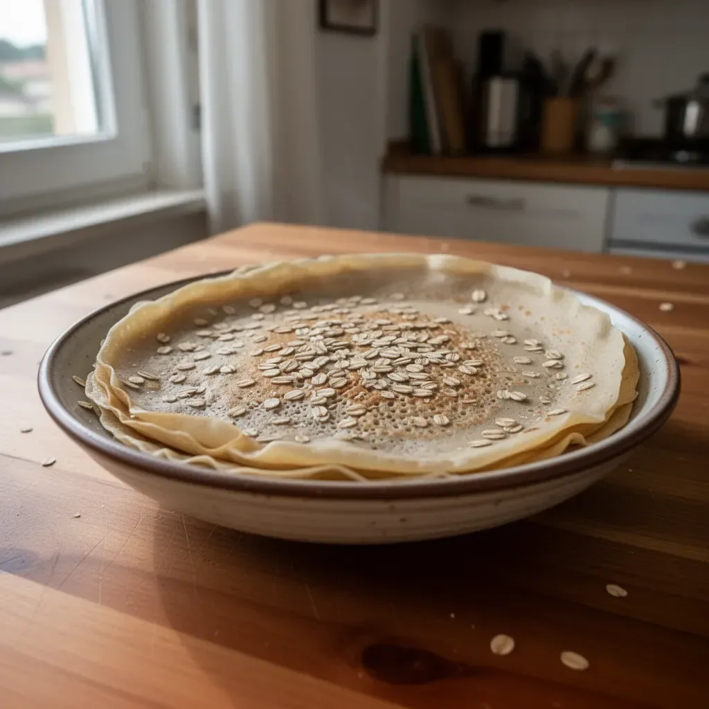 Crêpes d'avena leggere e senza lattosio servite con frutta fresca.