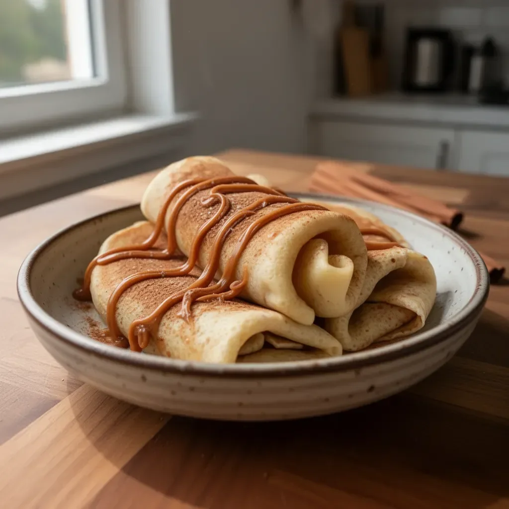 Crepes proteiche alla cannella servite in un piatto con frutta fresca