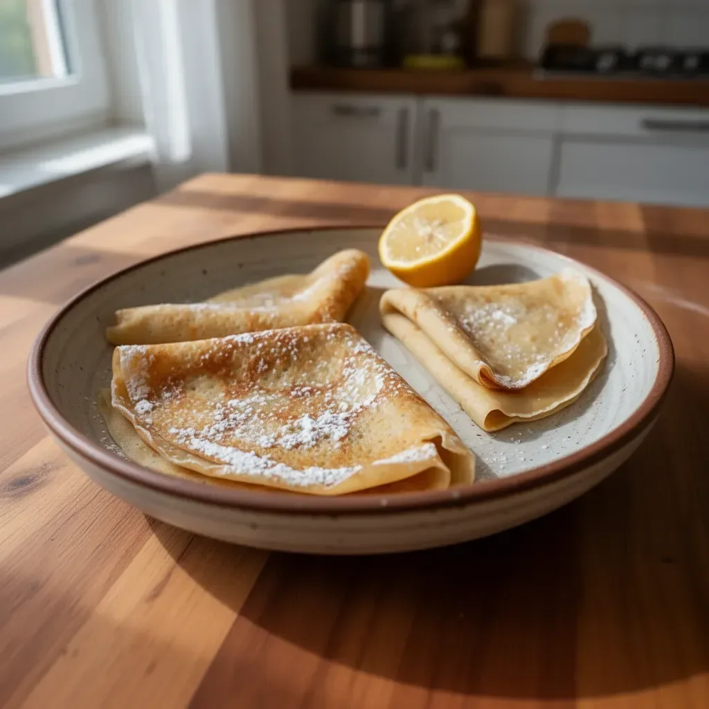 Crepes senza glutine servite con frutta fresca e sciroppo d'acero