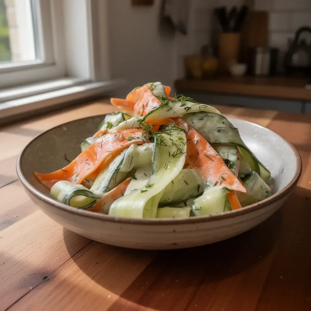 Insalata di nastri di carote e cetrioli in un piatto elegante