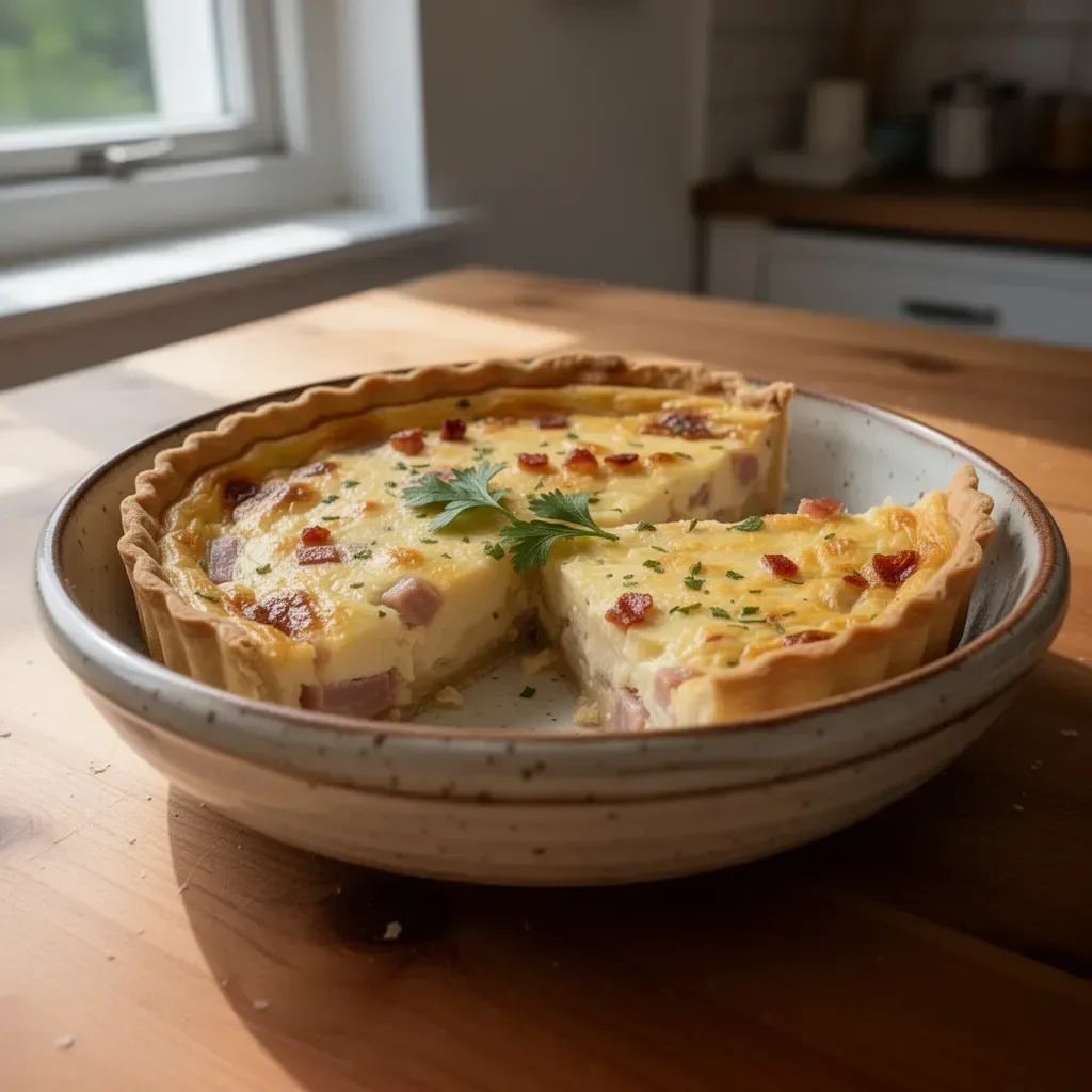 Quiche Lorraine classica con bacon e formaggio, pronta per essere servita