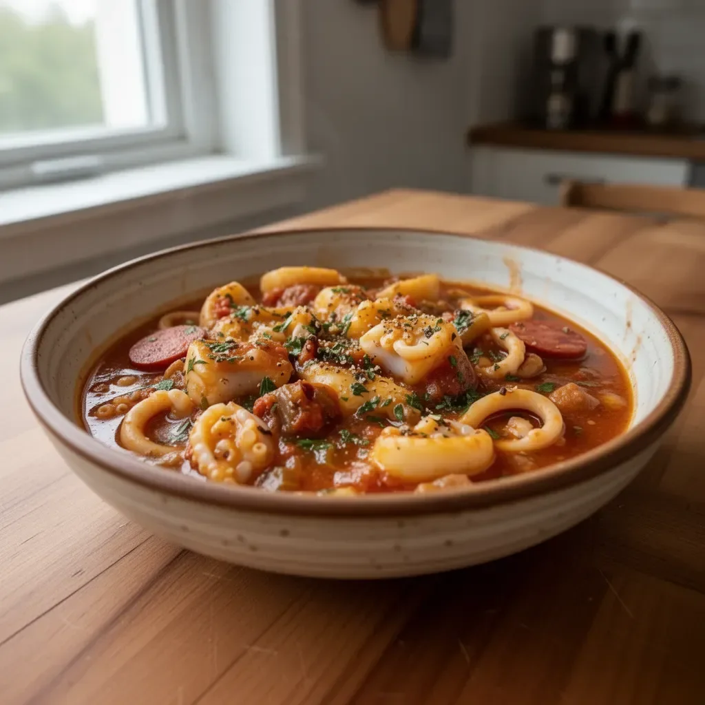 Stufato di calamari al chorizo in un piatto elegante