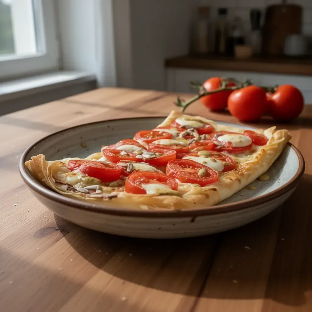 Tarte fine con pomodoro, mozzarella e senape, un'appetitosa preparazione italiana.