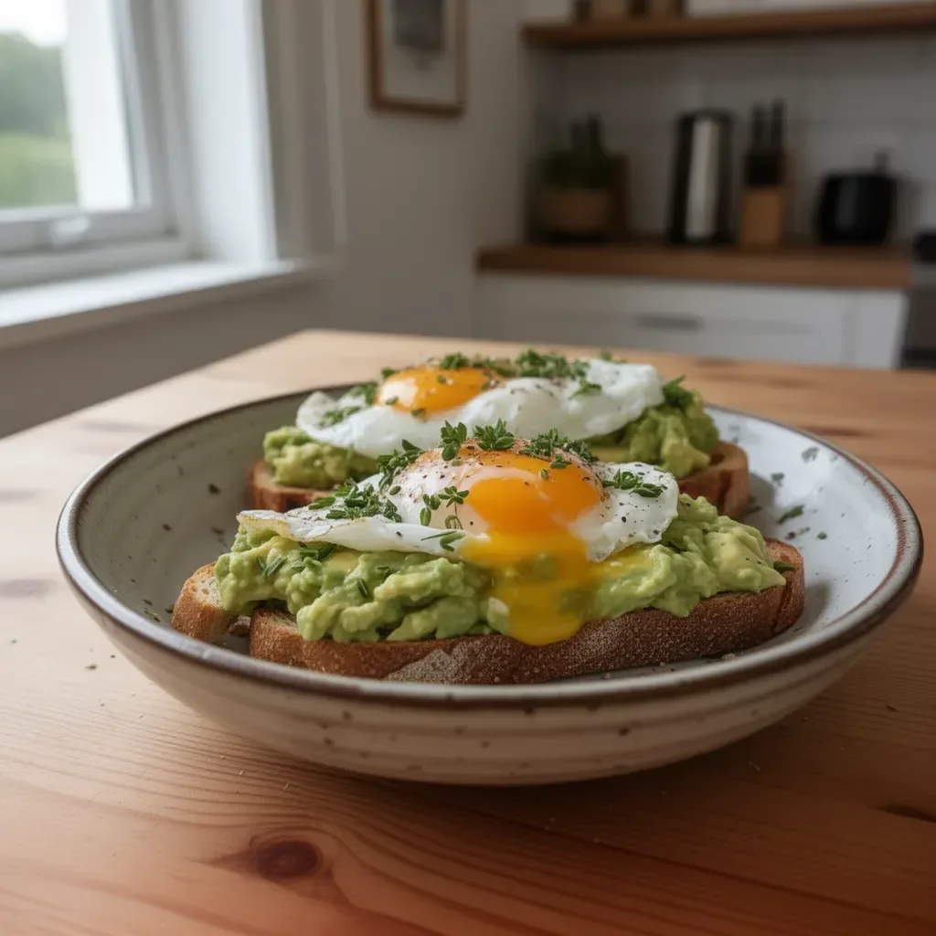 Toast con Avocado e Uovo Fritto su una tavola rustica.