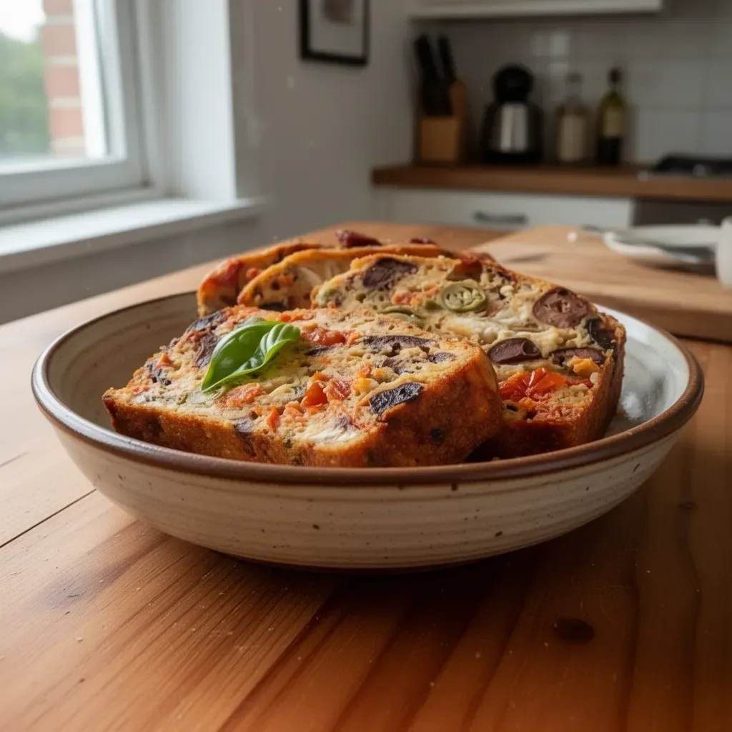 Torta alle Olive e Pomodori Secchi, un antipasto italiano gustoso e aromatico.