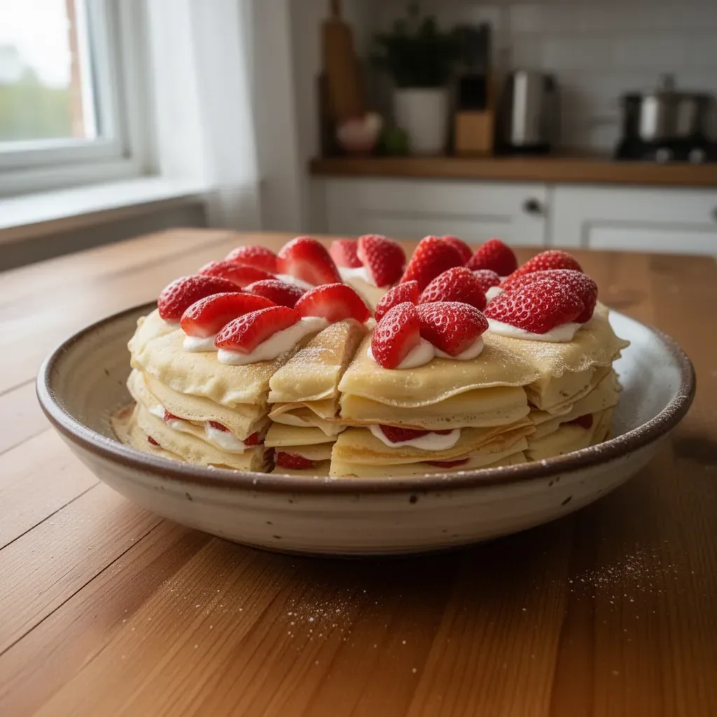 Torta di crêpes alle fragole decorata con fragole fresche