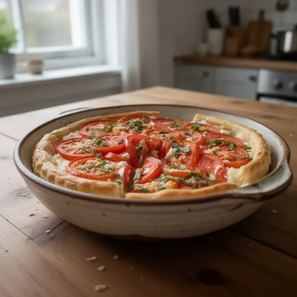 Torta di pomodori freschi e ricotta in pasta sfoglia servita su un piatto