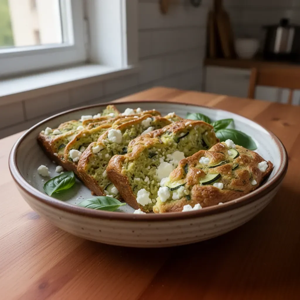 Torta di zucchine con feta e basilico, piatto estivo fresco e salutare.
