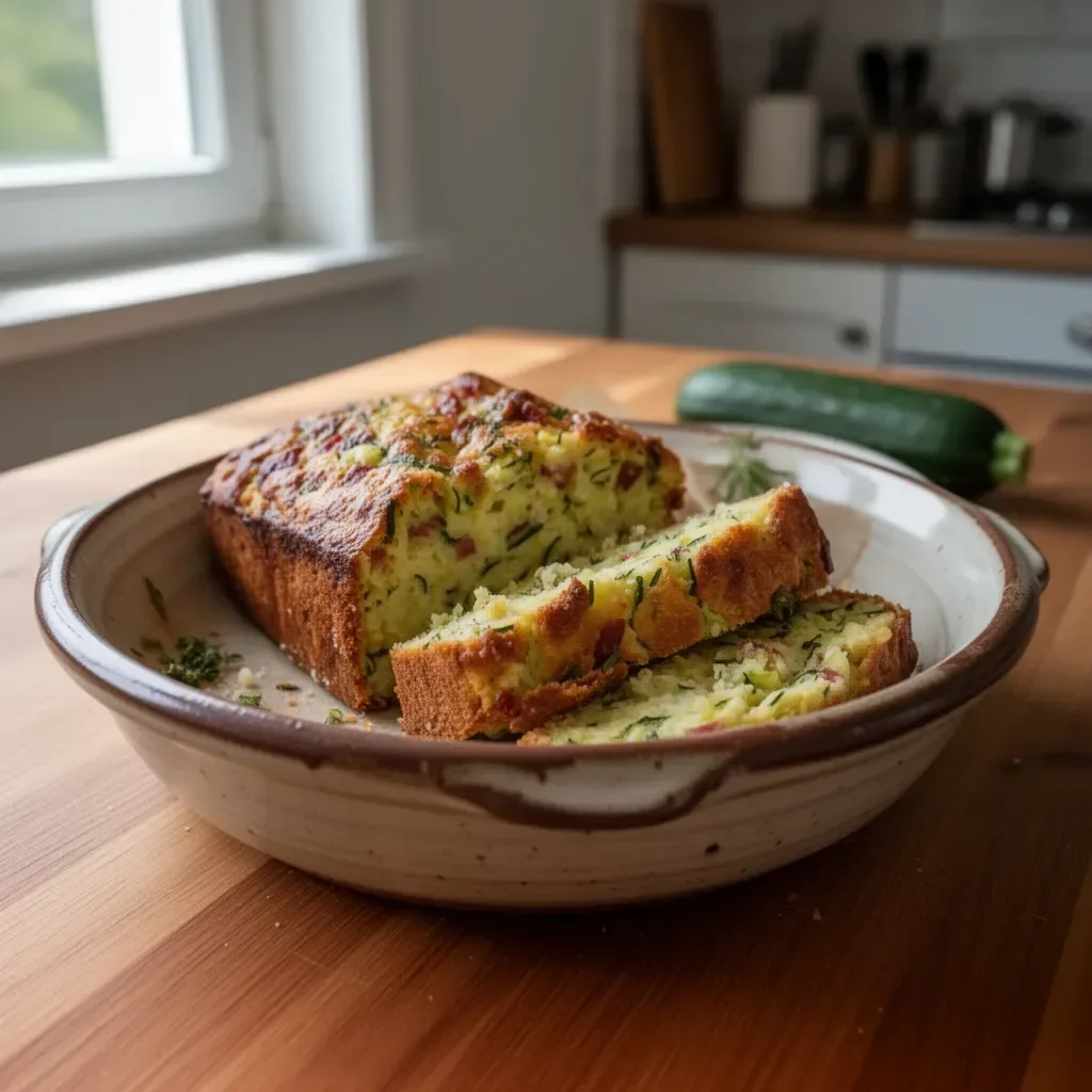 Fetta di torta morbida alle zucchine su un piatto decorato