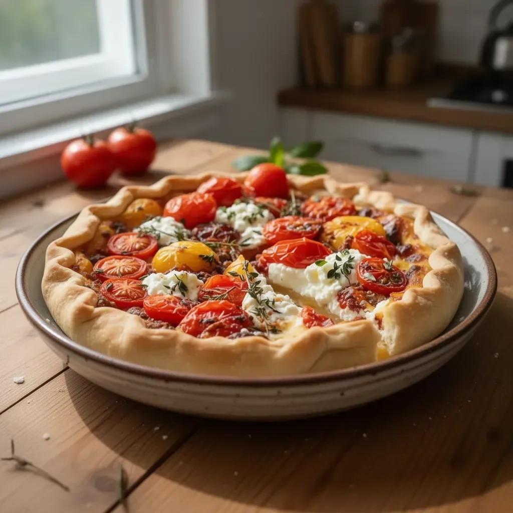 Torta rustica con pomodori freschi e ricotta, pronta da servire.