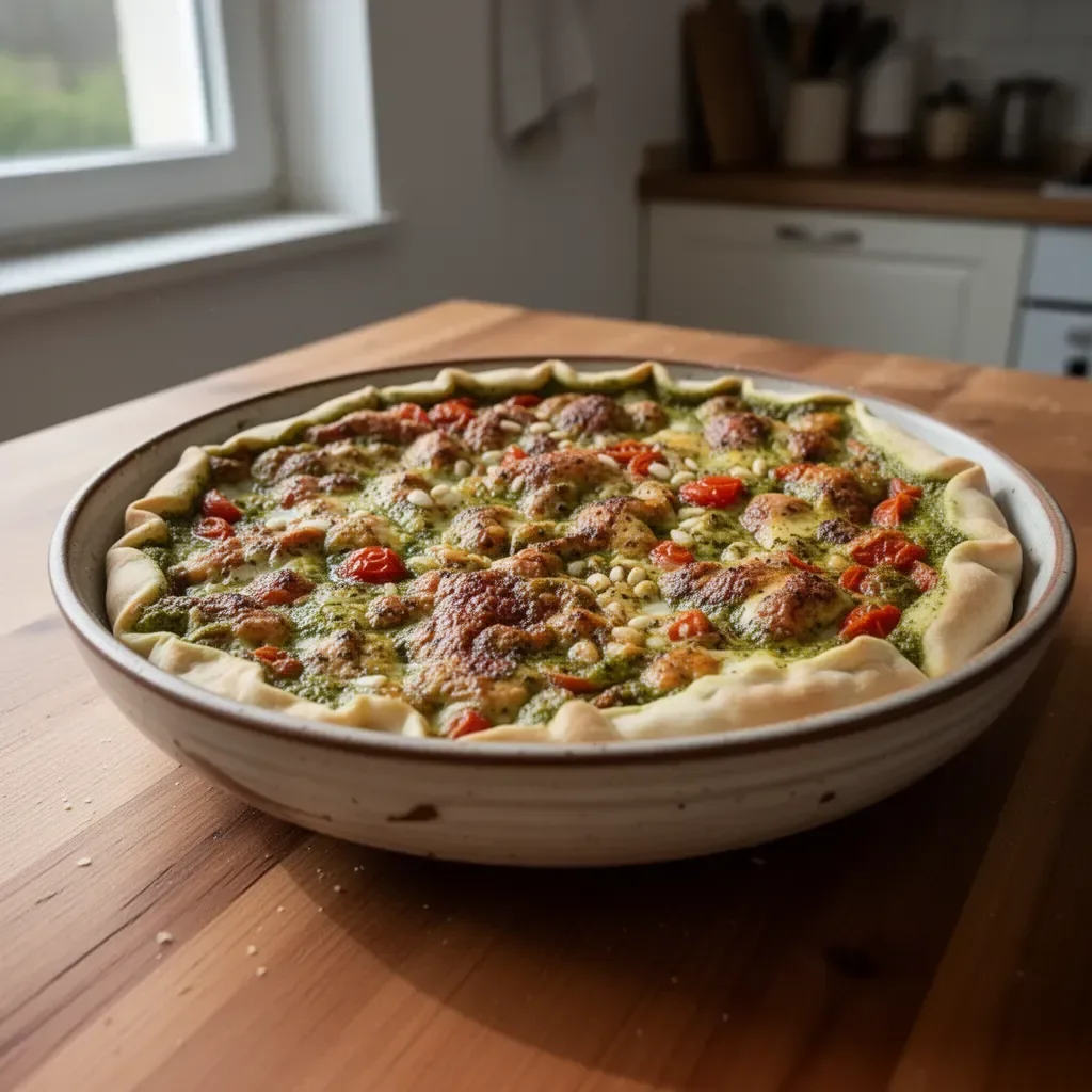 Torta salata al pesto con pomodorini e mozzarella