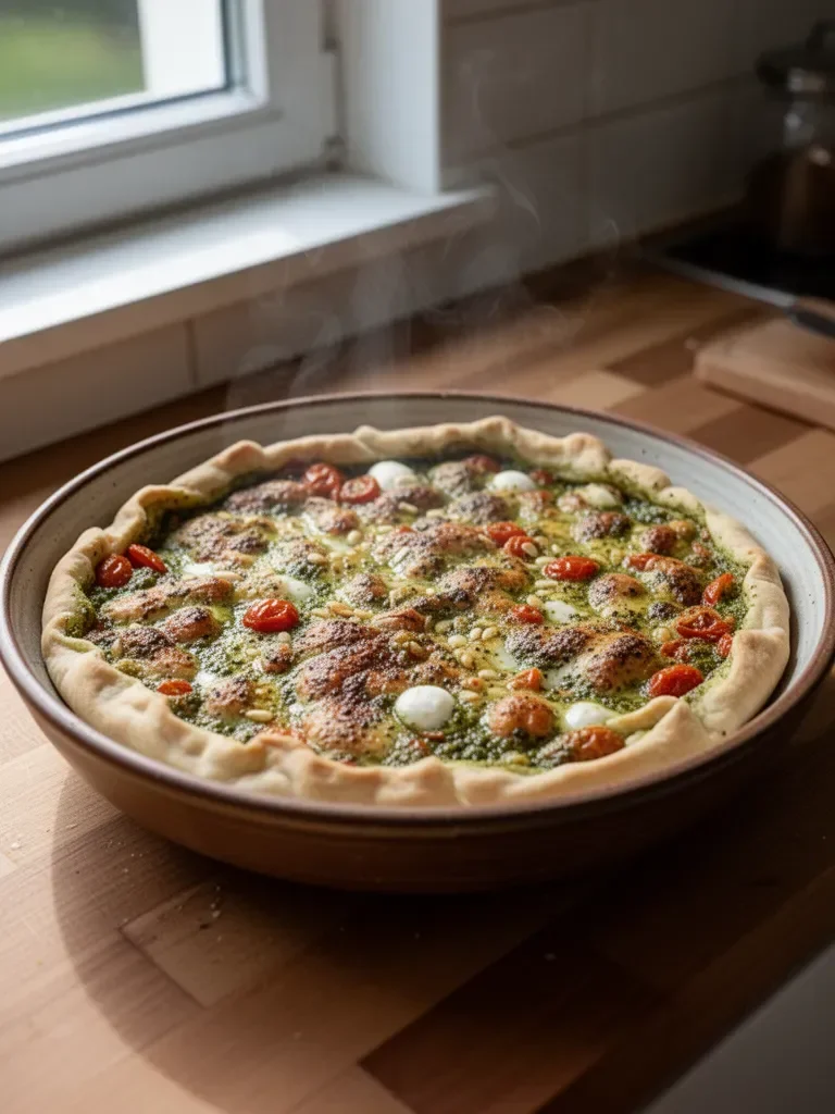 Torta salata al pesto, pomodorini e mozzarella