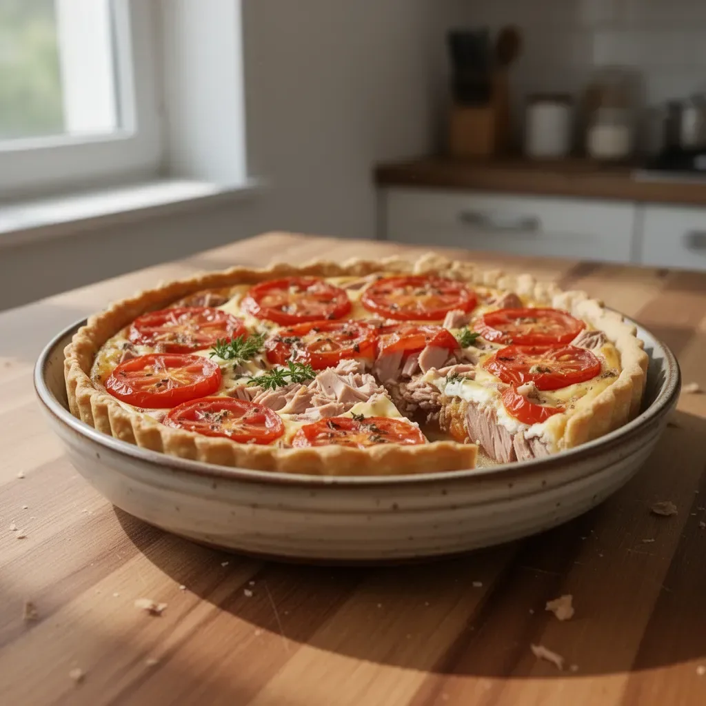 Torta salata al tonno cotta e pronta da servire